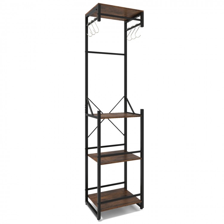 Freestanding coat rack in rustic brown with 4 shelves and 6 hooks, ideal for organizing entryways and living rooms.