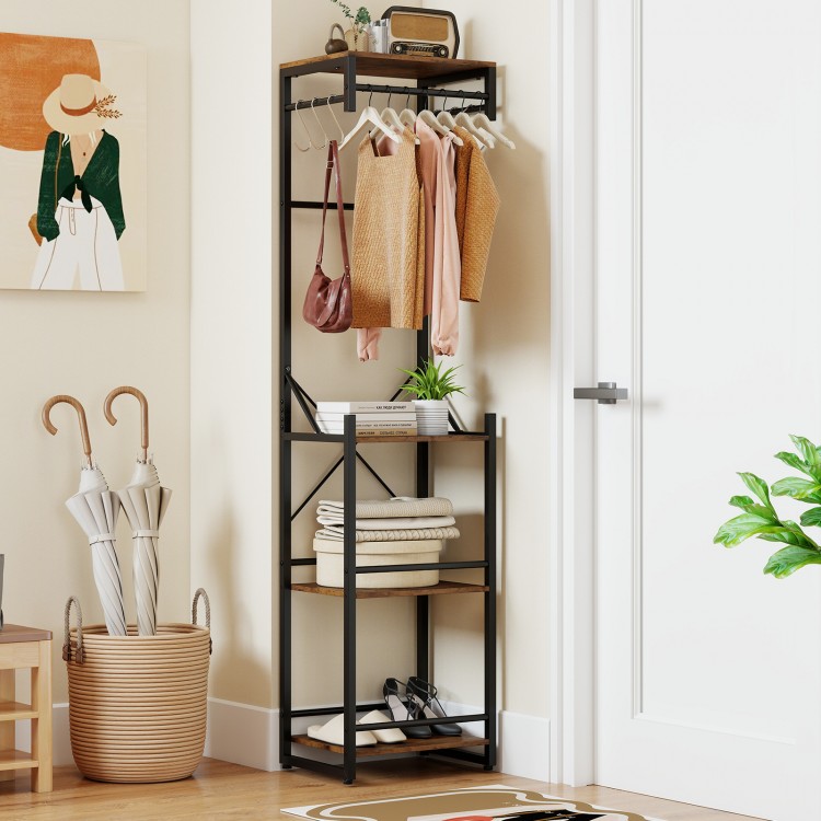 Freestanding coat rack with 4 rustic brown shelves and 6 hooks, ideal for organizing entryways and tight spaces.