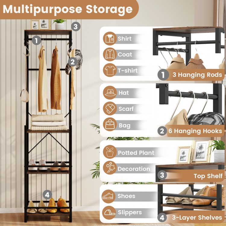 Freestanding coat rack in rustic brown with 3 hanging rods, 6 hooks, and 4 storage shelves for versatile organization.