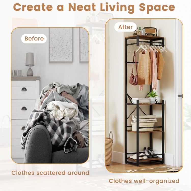 Freestanding coat rack in rustic brown with 4 shelves and 6 hooks, ideal for organizing clothes and accessories in.