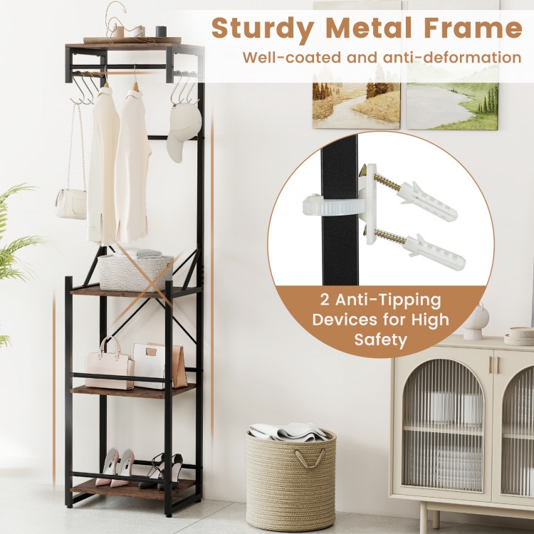 Freestanding coat rack in rustic brown with 4 shelves, 6 hooks, and sturdy metal frame for entryway or bedroom storage.