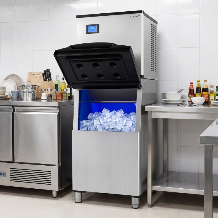 Freestanding commercial ice maker with LCD panel, producing 450 lbs of ice daily, ideal for busy kitchens.