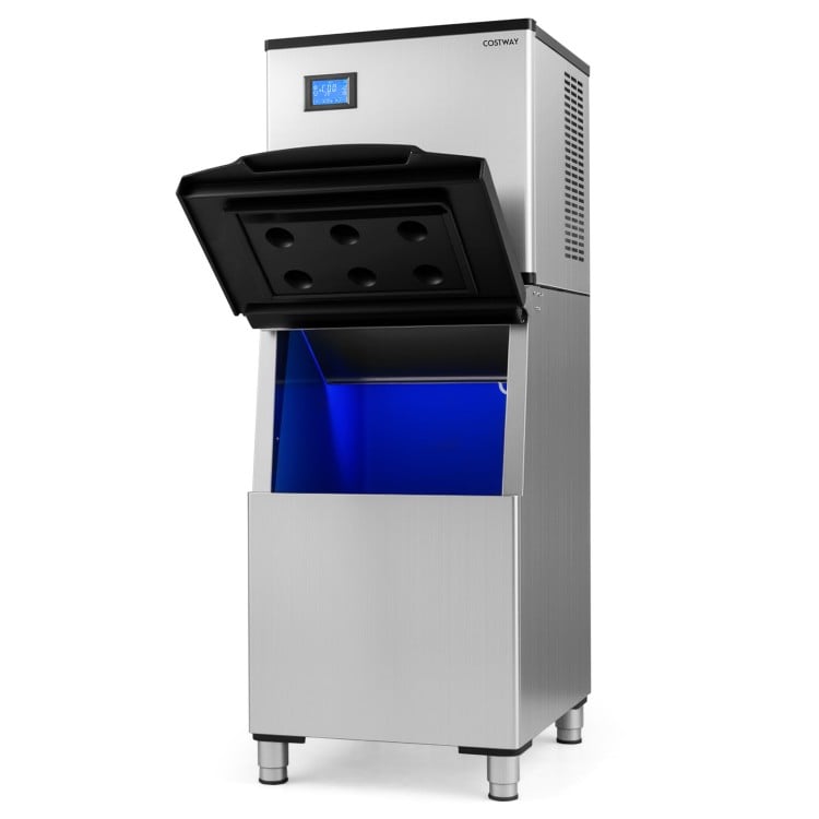 Freestanding commercial ice maker with LCD panel, producing 450 lbs of ice daily, ideal for busy operations.
