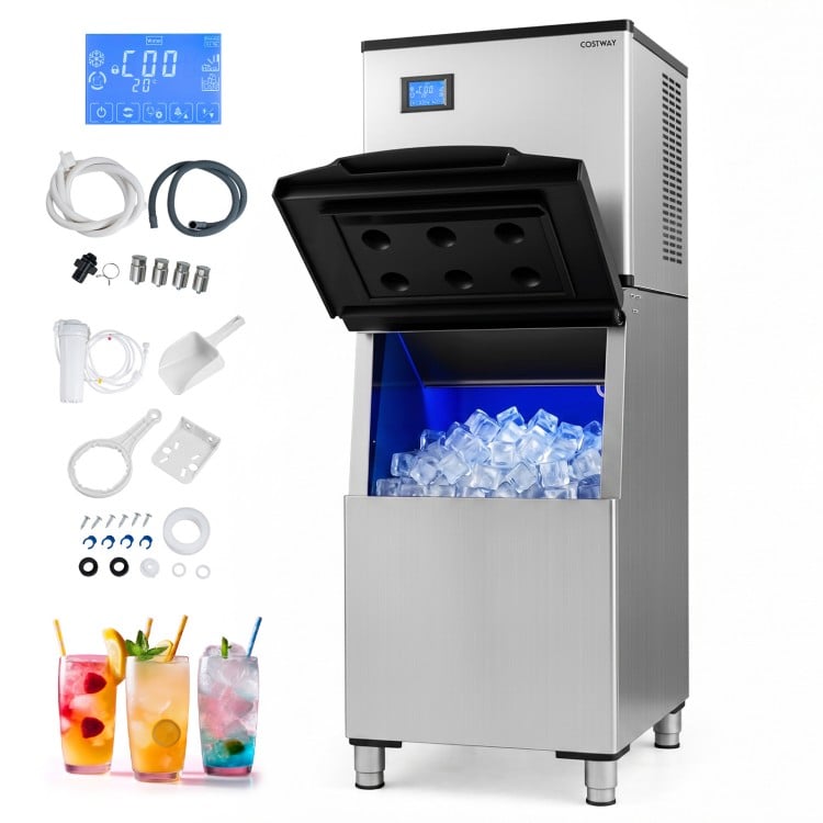 Freestanding commercial ice maker showcasing the open lid and illuminated interior, producing 450 lbs of ice per day.