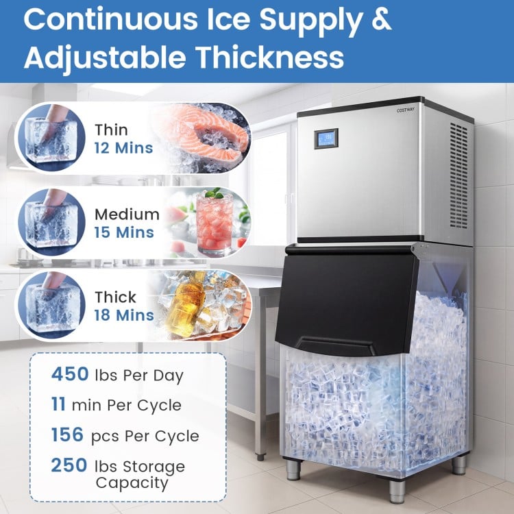 Freestanding commercial ice maker with adjustable thickness, producing 450 lbs of ice daily for busy operations.