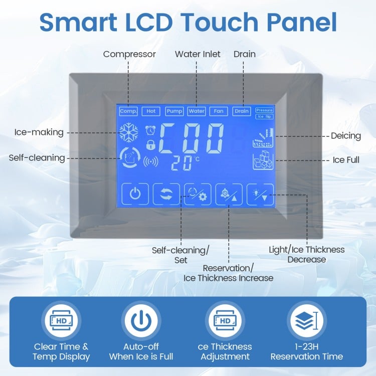 Smart LCD touch panel of the Freestanding Commercial Ice Maker, featuring clear display and control for ice thickness.