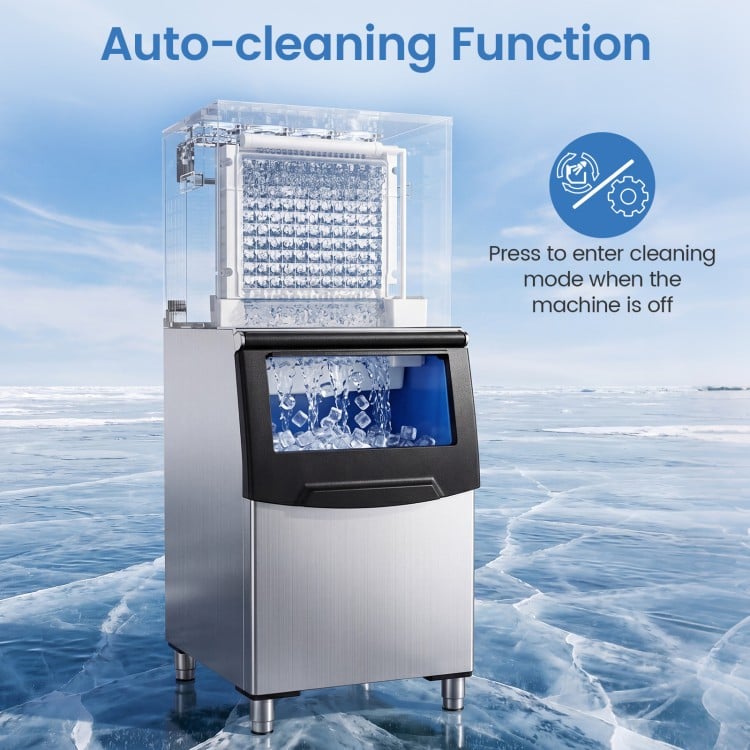 Freestanding commercial ice maker with auto-cleaning function, producing 450 lbs of ice per day for busy operations.