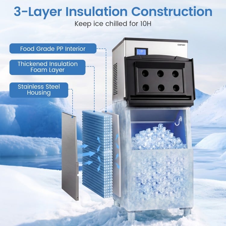 Freestanding commercial ice maker with 3-layer insulation, producing 450 lbs of ice daily for busy operations.