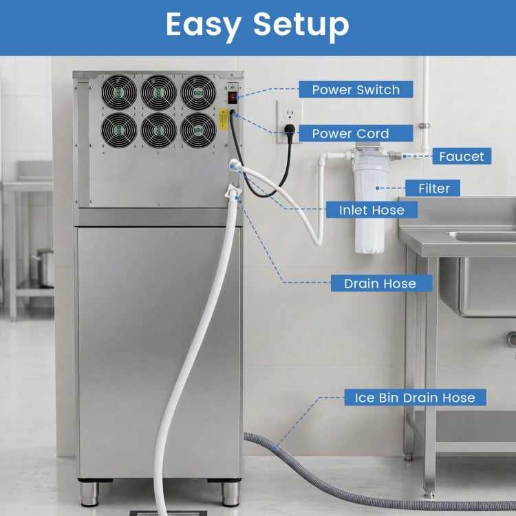 Freestanding commercial ice maker with easy setup, featuring power switch, filter, and drain hoses for efficient.