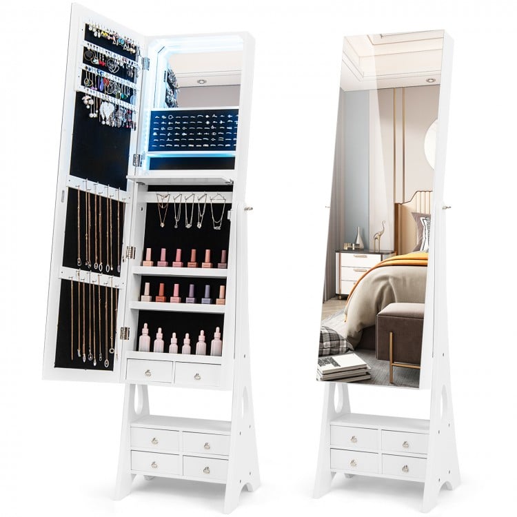 Freestanding white jewelry armoire with LED lights, full-length mirror, and six drawers for organized storage.