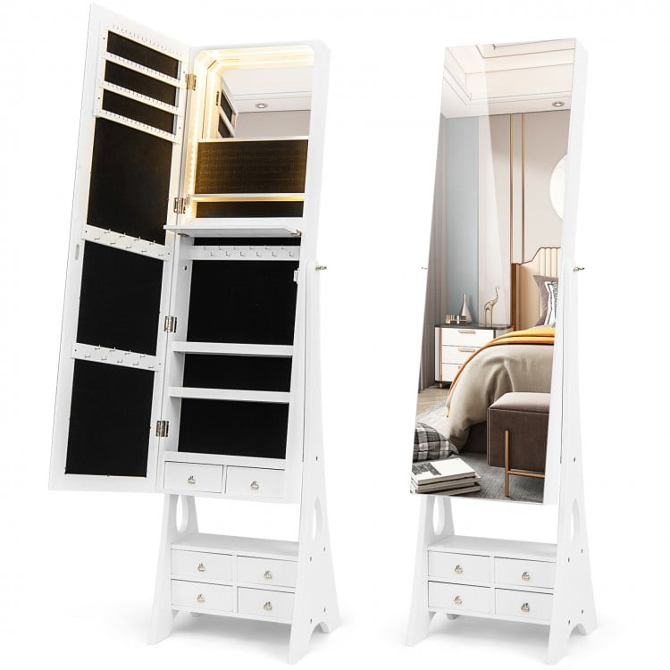 Freestanding white jewelry armoire with full-length LED mirror, 6 drawers, and adjustable angles for convenient storage.