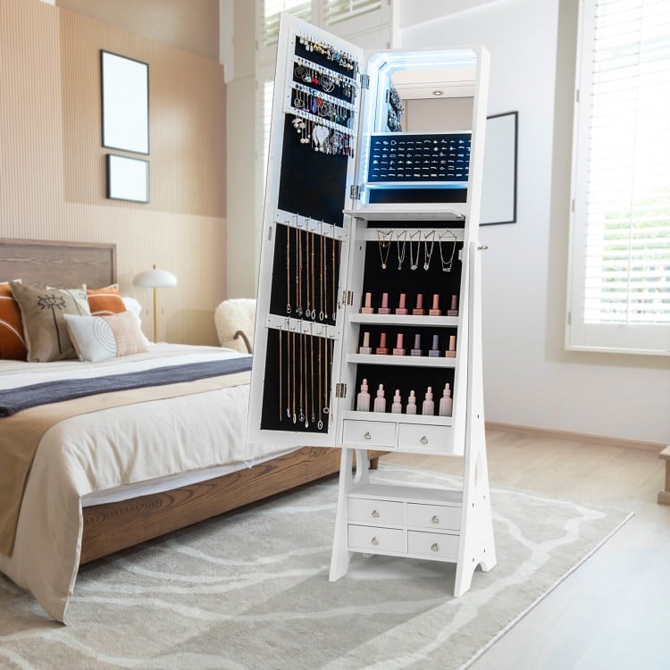 Freestanding white jewelry armoire with LED lights, full-length mirror, and 6 drawers for organized storage.