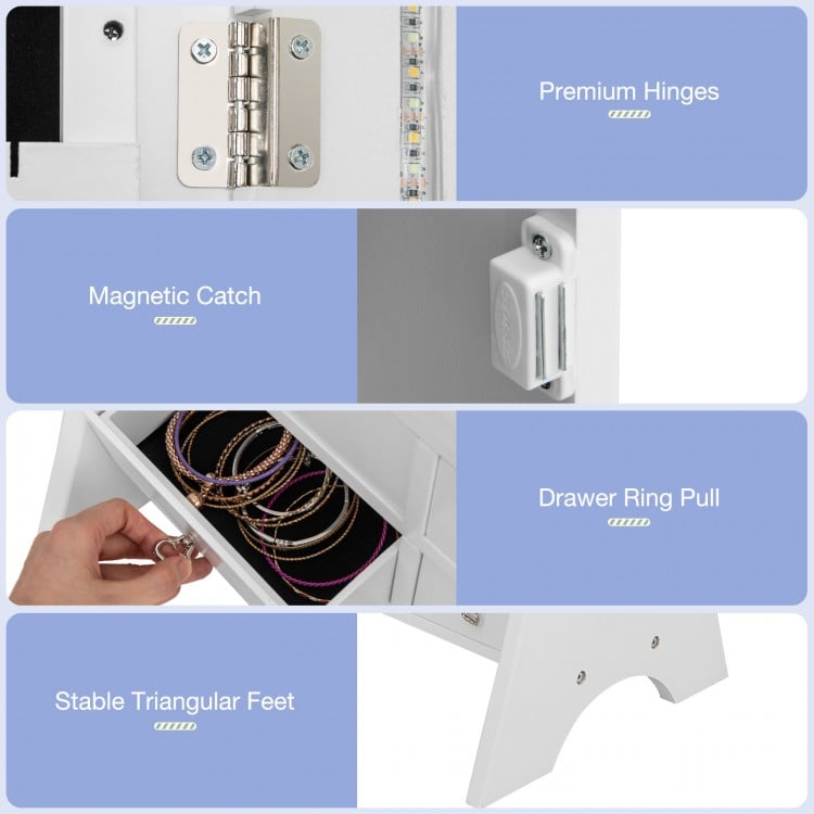 Close-up of the freestanding jewelry armoire's premium hinges and magnetic catch, showcasing durable MDF construction.