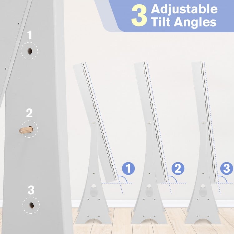 Adjustable tilt angles of the freestanding LED mirrored jewelry armoire in white, showcasing three positions for.