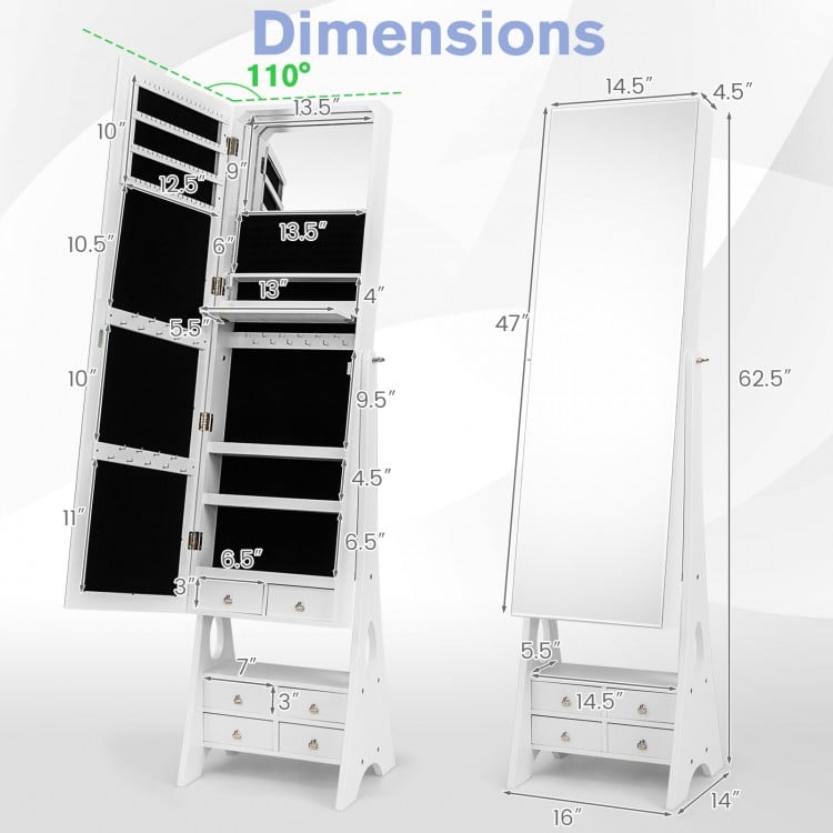 Freestanding white LED mirrored jewelry armoire with 6 drawers, featuring full-length mirror and adjustable angles.