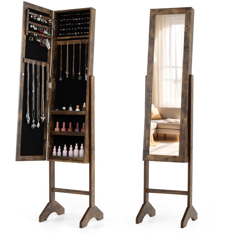 Freestanding jewelry armoire in brown with velvet lining and full-length mirror, ideal for jewelry and cosmetics.
