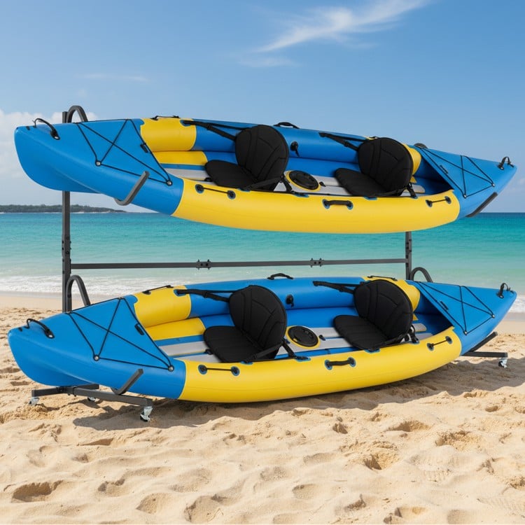 Freestanding kayak storage rack with two kayaks, featuring a durable metal frame and 6 lockable wheels for easy.