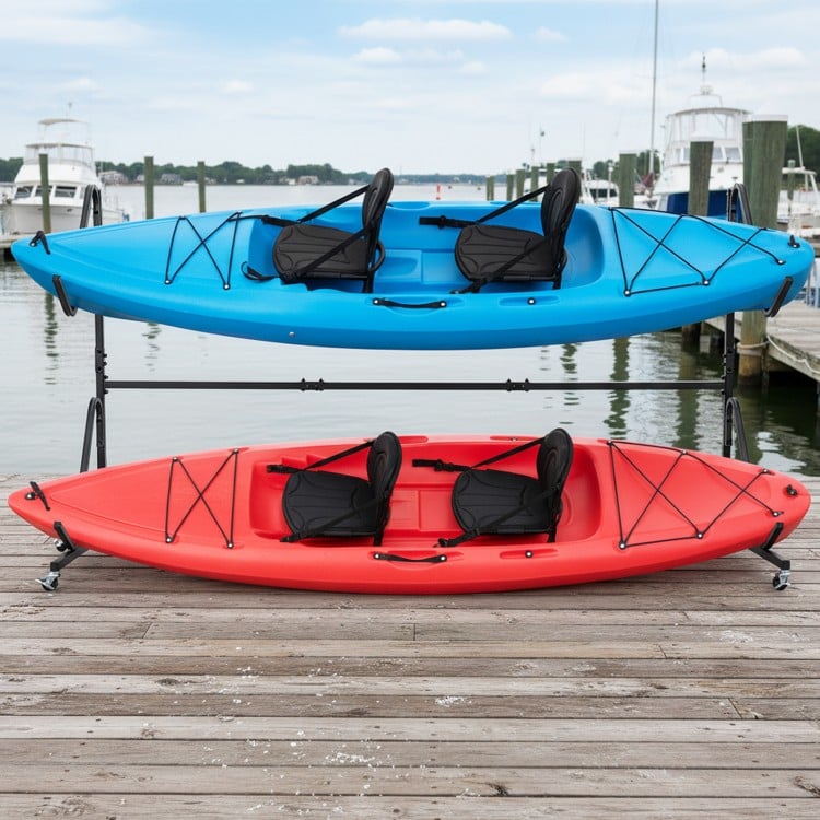 Freestanding kayak storage rack with two kayaks, featuring a durable metal frame and lockable wheels for easy.