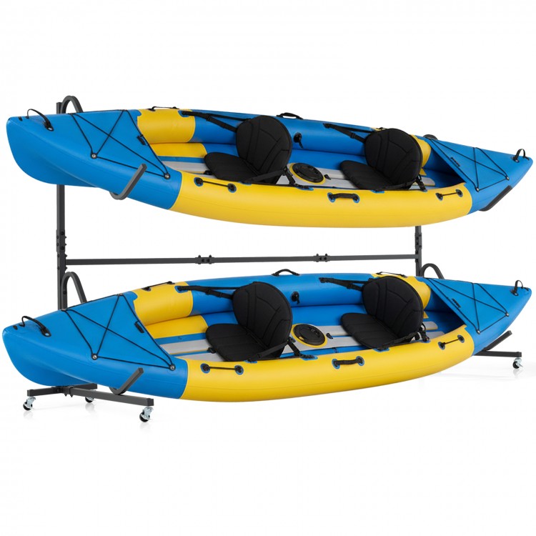Freestanding kayak storage rack showcasing two kayaks, featuring anti-tipping kits and a durable black metal frame.