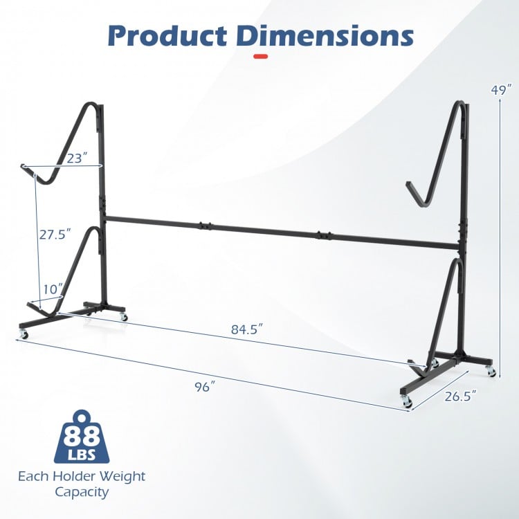 Freestanding kayak storage rack dimensions with lockable wheels, designed for stability and indoor/outdoor use.