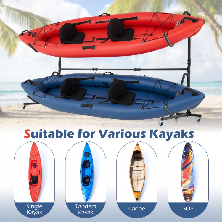 Freestanding kayak storage rack with 6 lockable wheels, suitable for various kayaks, canoes, and SUPs for indoor or.
