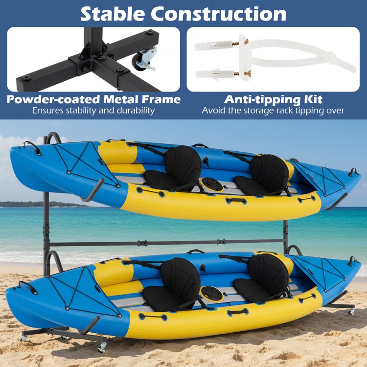 Freestanding kayak storage rack with a powder-coated metal frame and 6 lockable wheels for indoor and outdoor use.