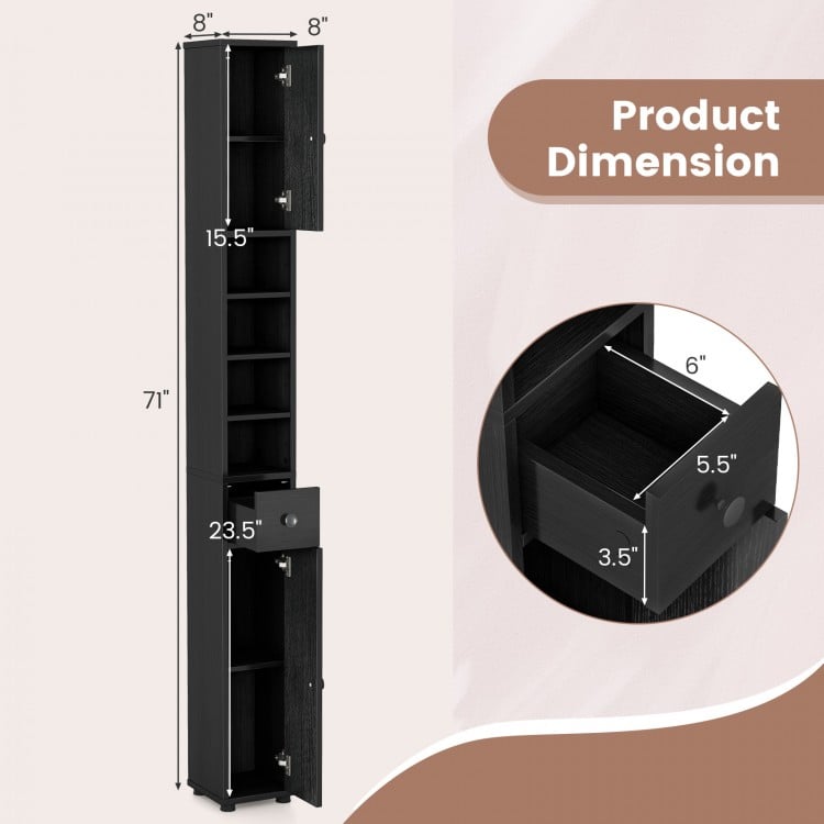 Freestanding slim bathroom cabinet in black with adjustable shelves, drawer, and dimensions for small spaces.