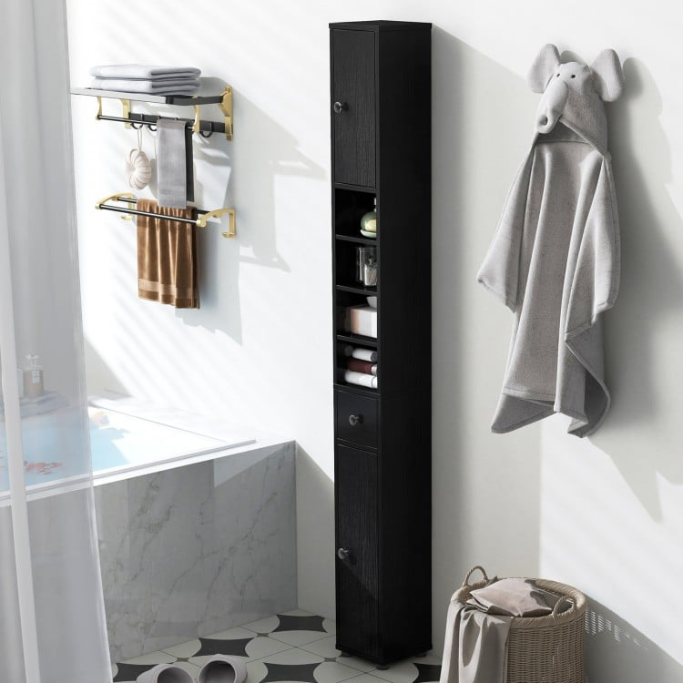 Freestanding slim black bathroom cabinet with adjustable shelves and drawer, ideal for small spaces and stylish storage.