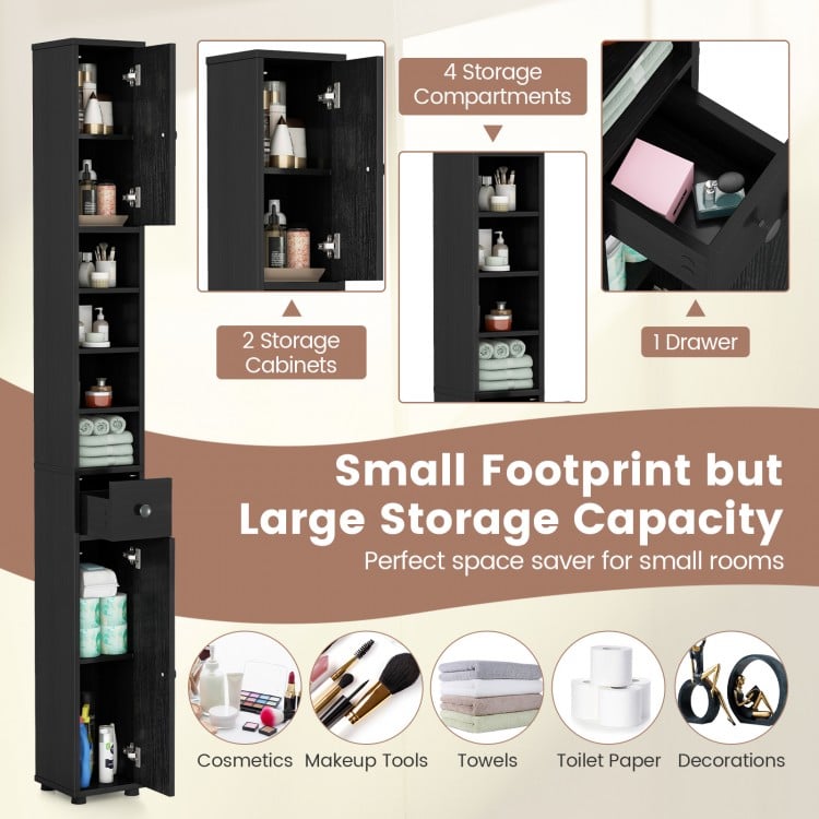 Freestanding slim bathroom cabinet in black with 2 storage cabinets, 5 adjustable shelves, and 1 drawer for small.