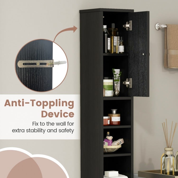 Freestanding slim bathroom cabinet in black with adjustable shelves, drawer, and anti-toppling device for safety.