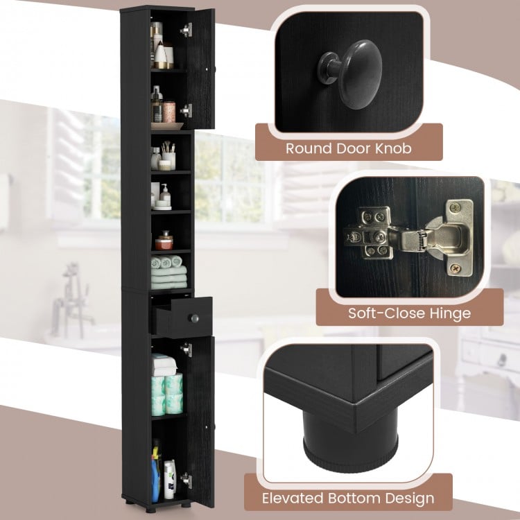 Freestanding slim bathroom cabinet in black with adjustable shelves, drawer, and elevated bottom design for small.