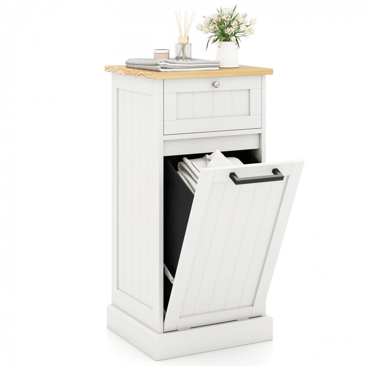 Freestanding tilt-out laundry cabinet in white with bamboo top, featuring a removable laundry hamper and metal handles.