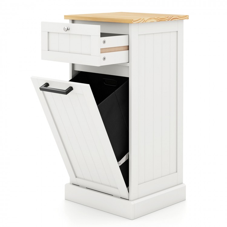 Freestanding tilt-out laundry cabinet in white showcasing the open hamper compartment for easy laundry access and.