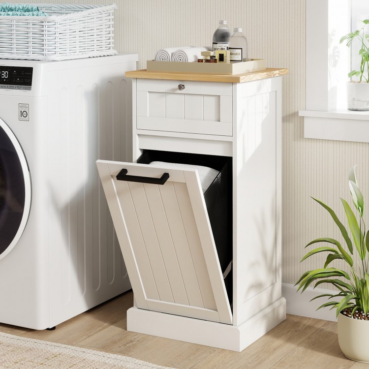 Freestanding tilt-out laundry cabinet in white with bamboo top and removable basket, perfect for laundry storage.