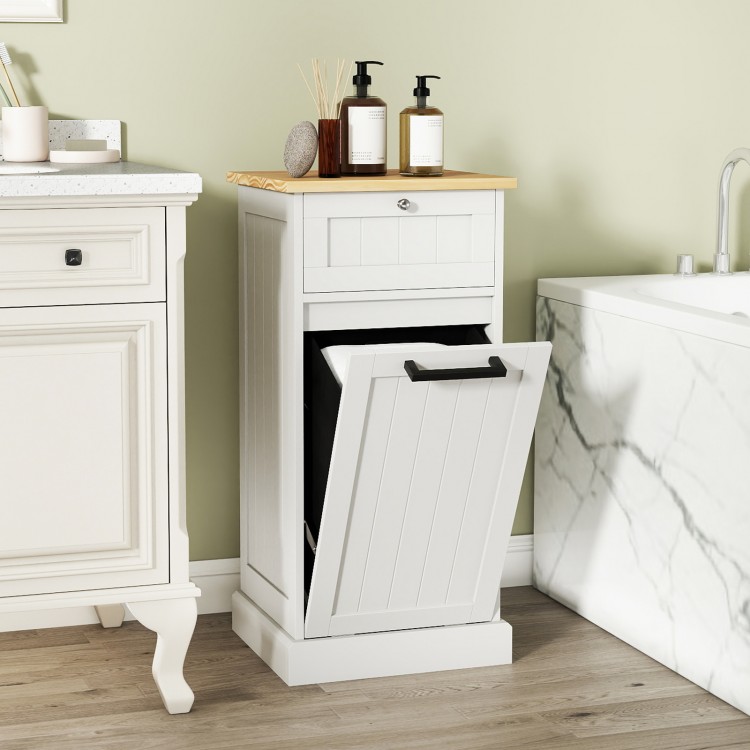 Freestanding tilt-out laundry cabinet in white with removable basket and bamboo top, ideal for organized laundry.