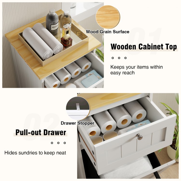 Wooden cabinet top and pull-out drawer of the freestanding tilt-out laundry cabinet for convenient storage and.