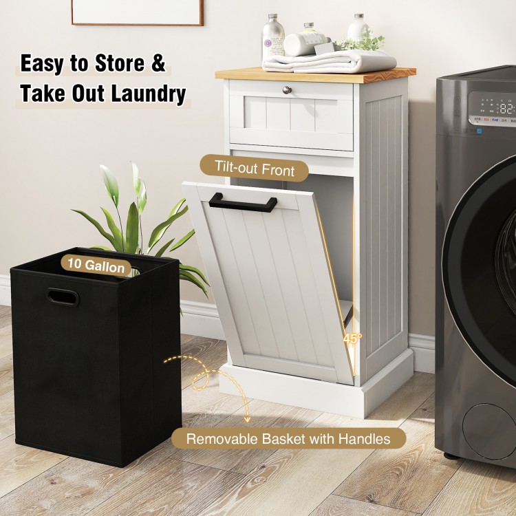 Freestanding tilt-out laundry cabinet in white with removable basket, featuring a bamboo top and easy-access design.