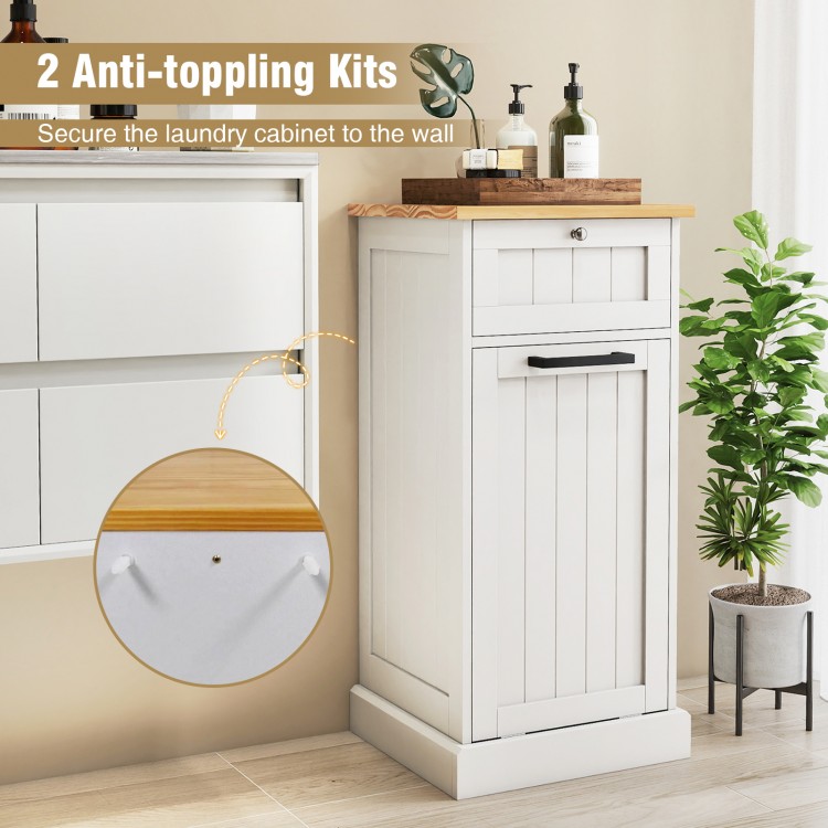 Freestanding tilt-out laundry cabinet in white with bamboo top, featuring a removable hamper and anti-tipping kits for.