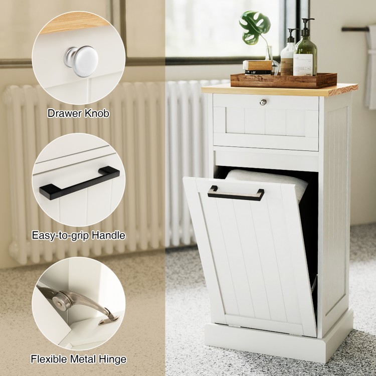 Freestanding tilt-out laundry cabinet in white with a bamboo top, featuring a removable hamper and easy-grip handle.