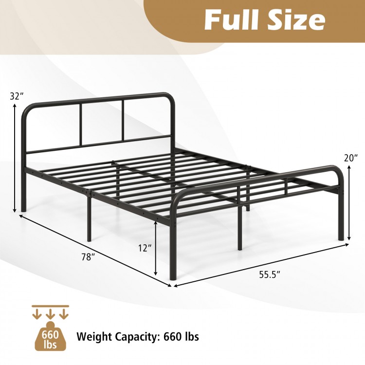Full size black bed frame with headboard and footboard, featuring 12-inch under-bed space and sturdy metal slats.