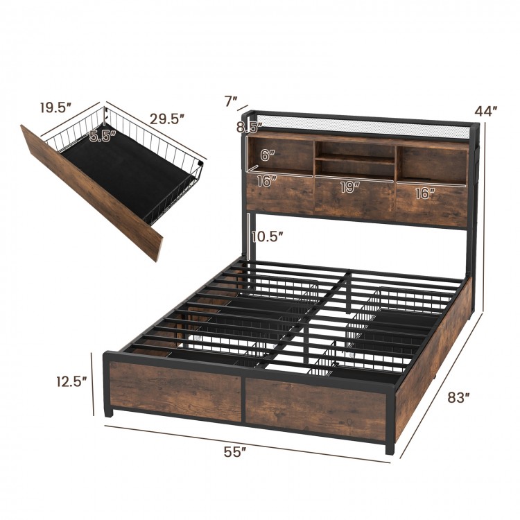 Full/Queen size bed frame with bookcase headboard, 4 storage drawers, and sturdy metal slats for mattress support.