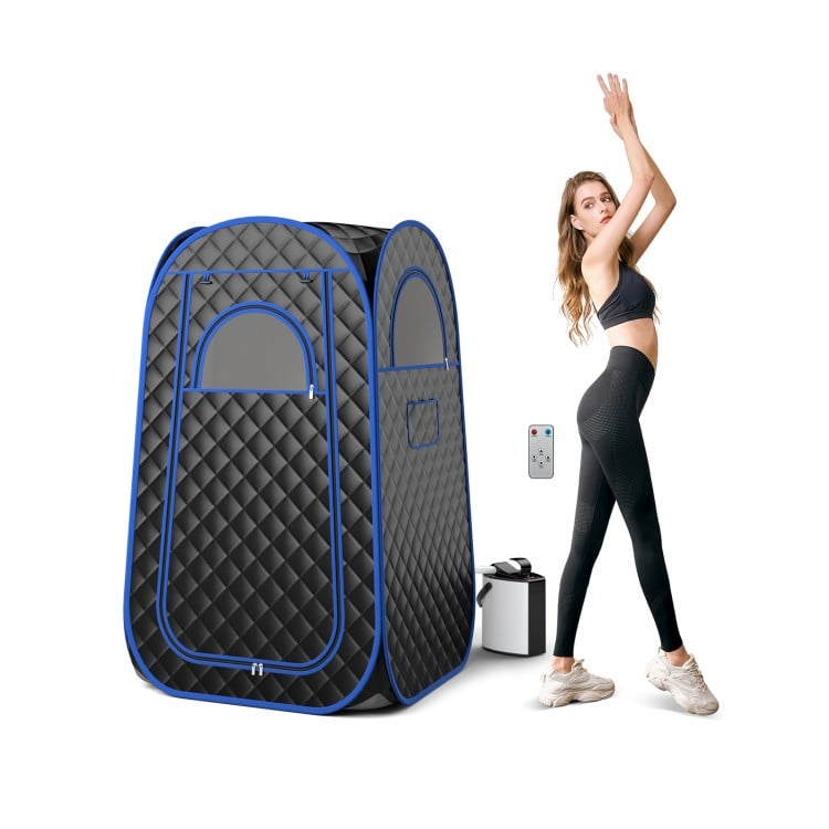 Full-body personal sauna tent in black with remote control, 1000W steam generator, and foldable chair for home spa.