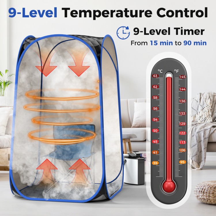 Full-body personal sauna tent with 1000W steam generator, featuring 9-level temperature control and timer for home spa.
