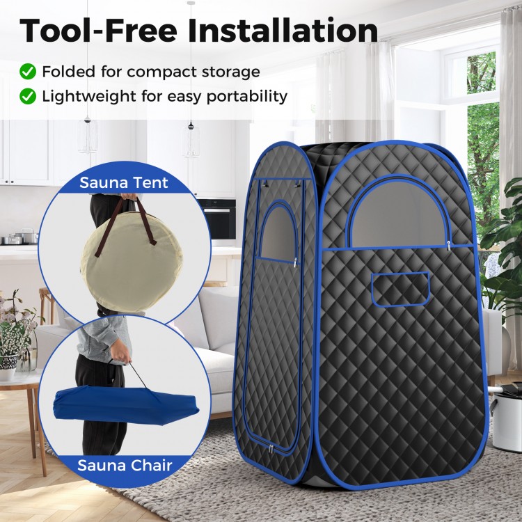 Full-body personal sauna tent in black with pop-up design, 1000W steam generator, and compact carrying bag for home spa.