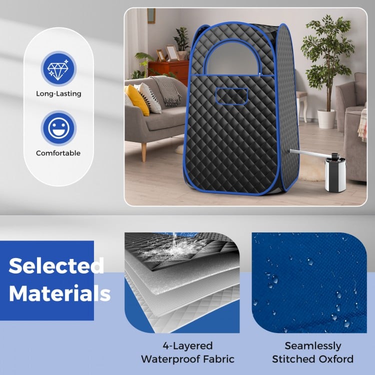 Full-body personal sauna tent in black with insulated fabric, 1000W steam generator, and convenient pop-up design for.