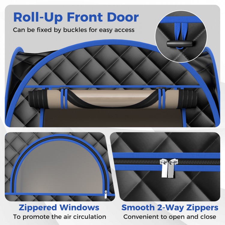 Roll-up zippered door detail of the Full-Body Personal Sauna Tent, featuring easy access and secure buckles for.