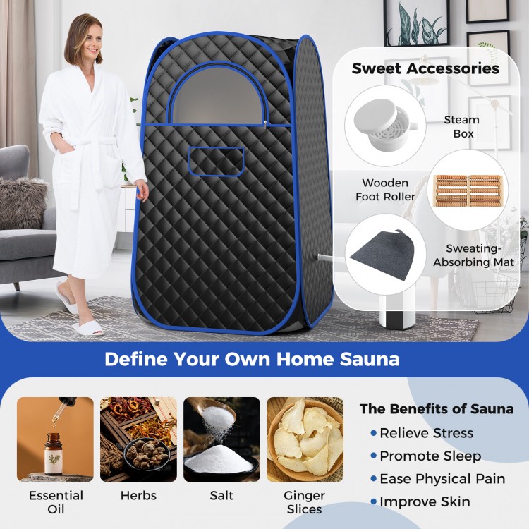 Full-body personal sauna tent in black with 1000W steam generator, featuring a foldable chair and foot massager for.