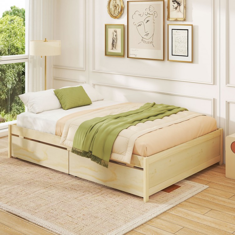 Natural full size wooden bed frame showcasing the embedded design that keeps the mattress securely in place.