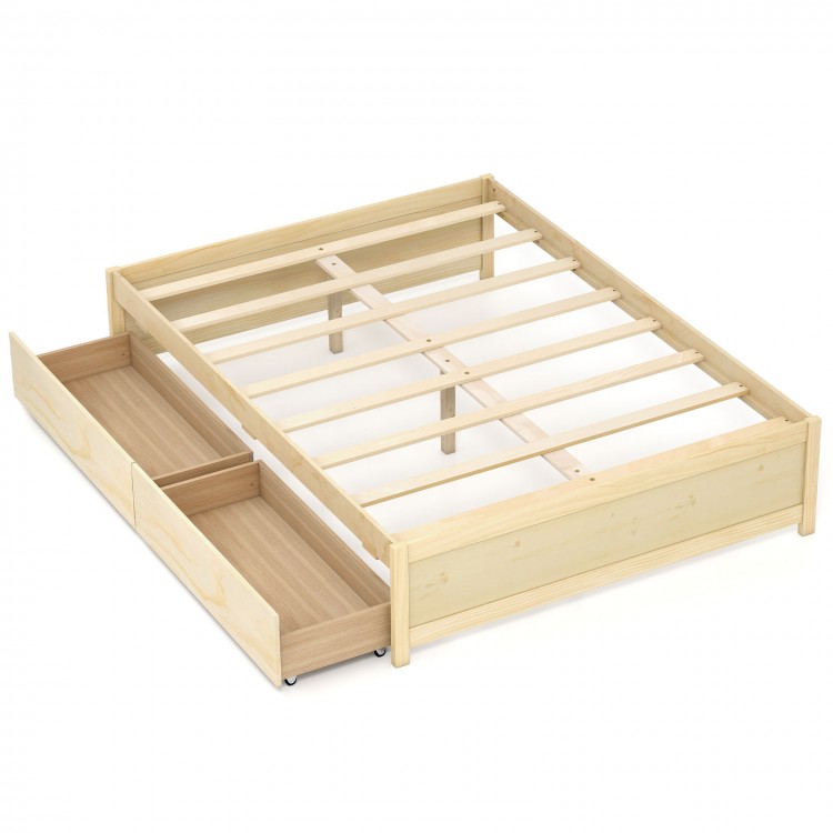 Full size wooden bed frame in natural finish with two rolling storage drawers for convenient organization.