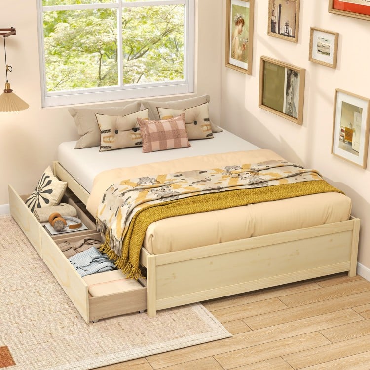 Close-up view of the natural wooden bed frame's smooth-rolling storage drawers, ideal for organized bedroom space.